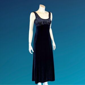 90s Black Cut Velvet Empire Waist Maxi Slip Dress XS